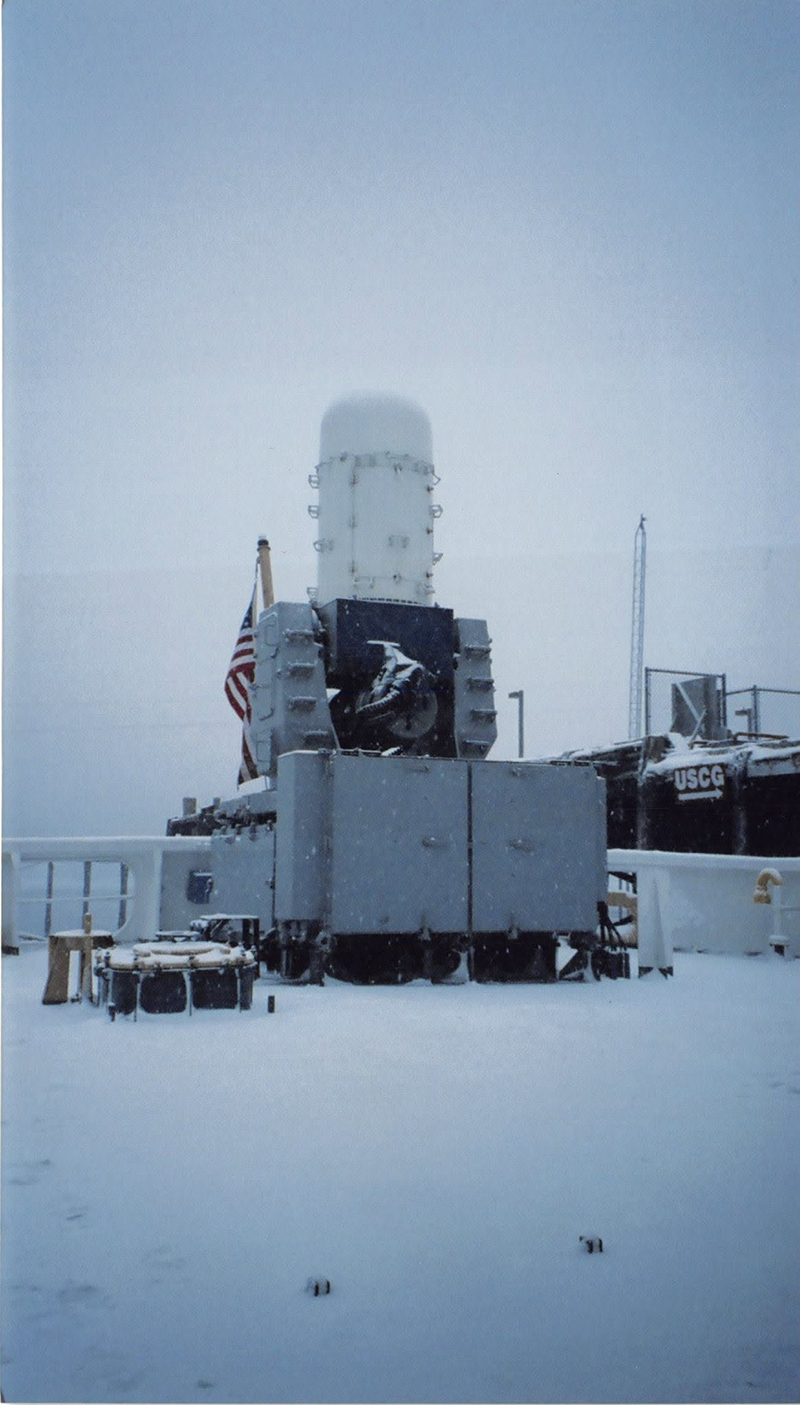 Snow-covered Coast Guard equipment aboard Chase in Alaska