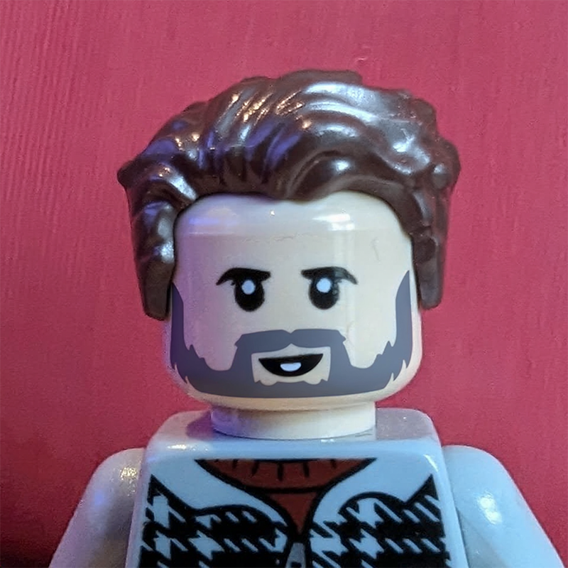 Smiling LEGO figure with brown hair and a beard